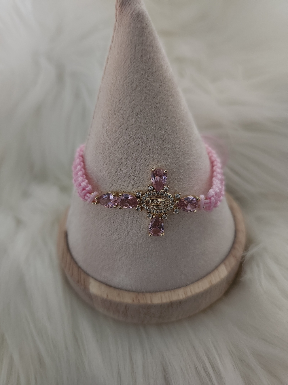 Pink Crystal Virgin Mary Cross Bracelet - Women Jewelry